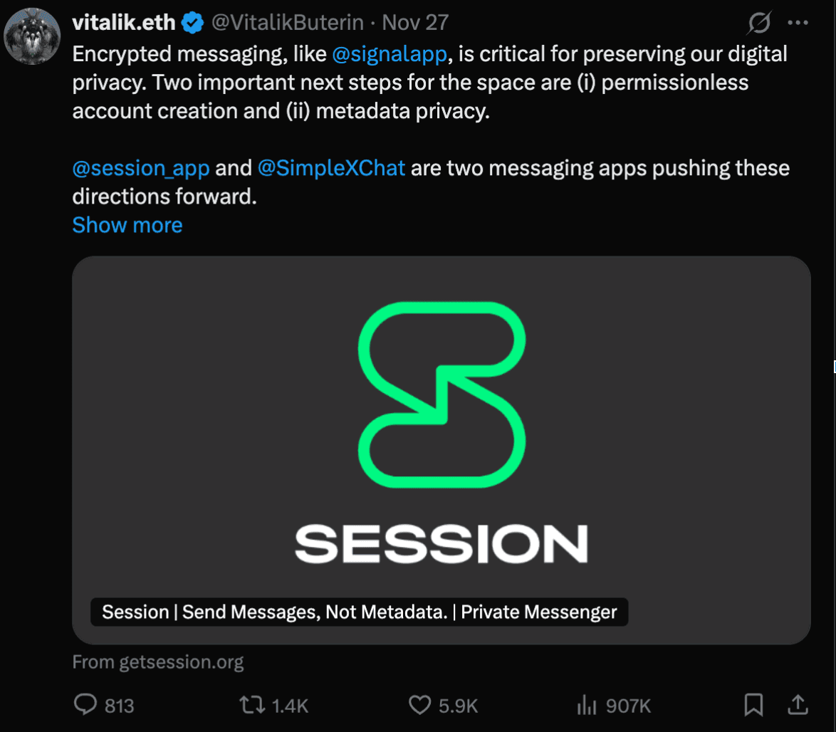 Vitalik Buterin tweet about Session and SimpleX