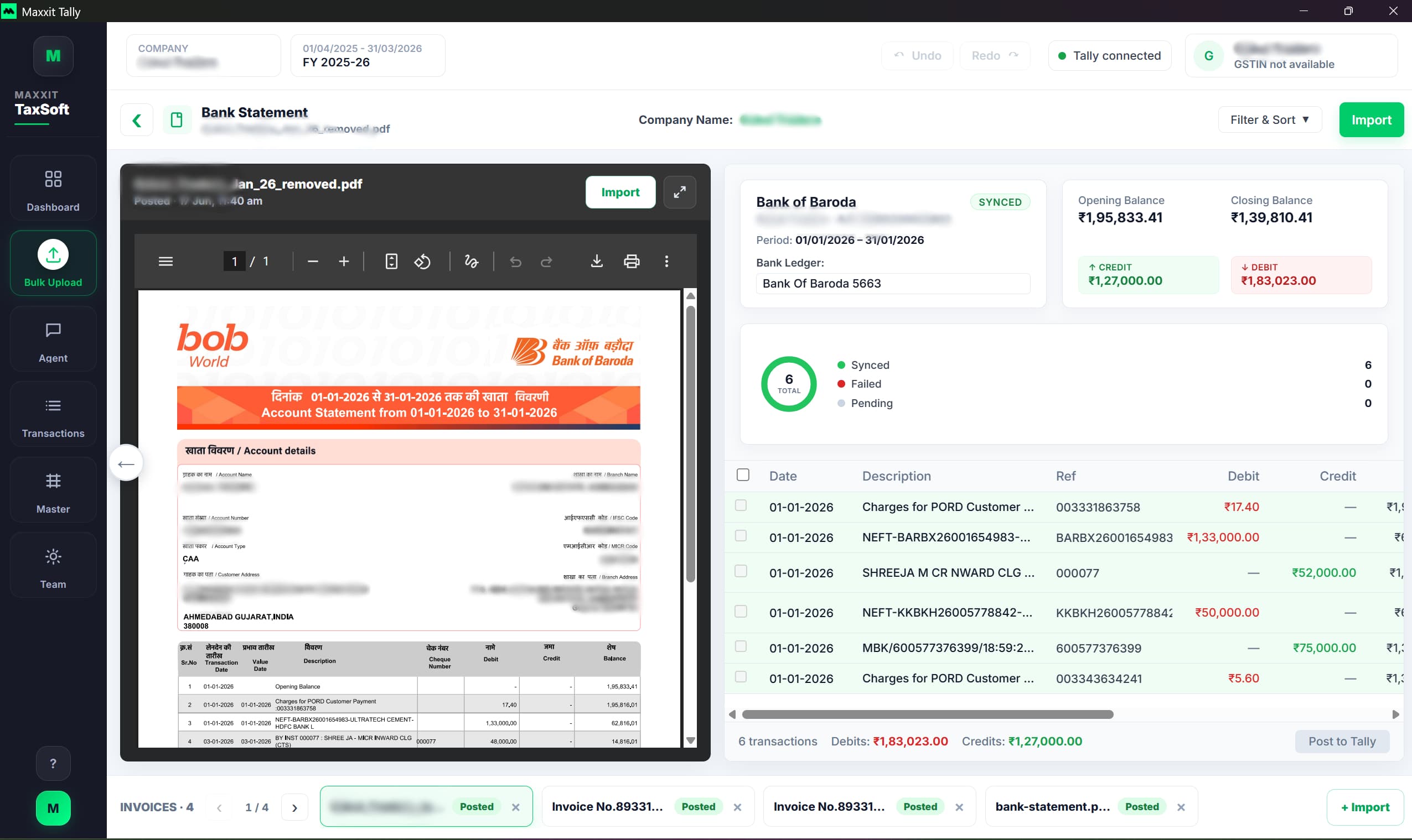 Bank statement PDF preview alongside parsed transaction rows, sync status, and Post to Tally in Maxxit Tally