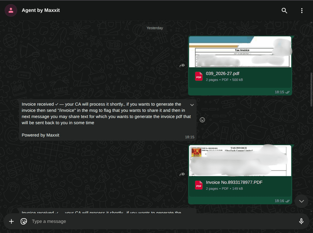 WhatsApp Client Agent receiving purchase invoice PDFs from a client with auto-acknowledgement
