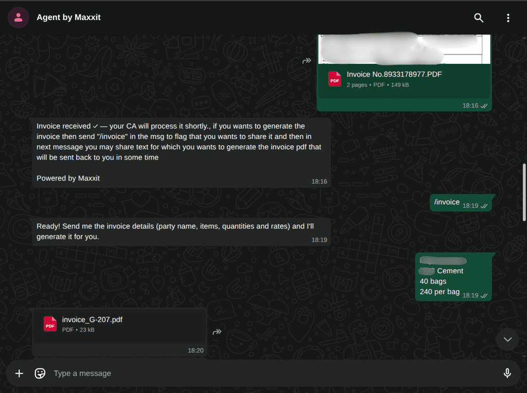 WhatsApp conversation generating a GST invoice from party name, items, quantities and rates