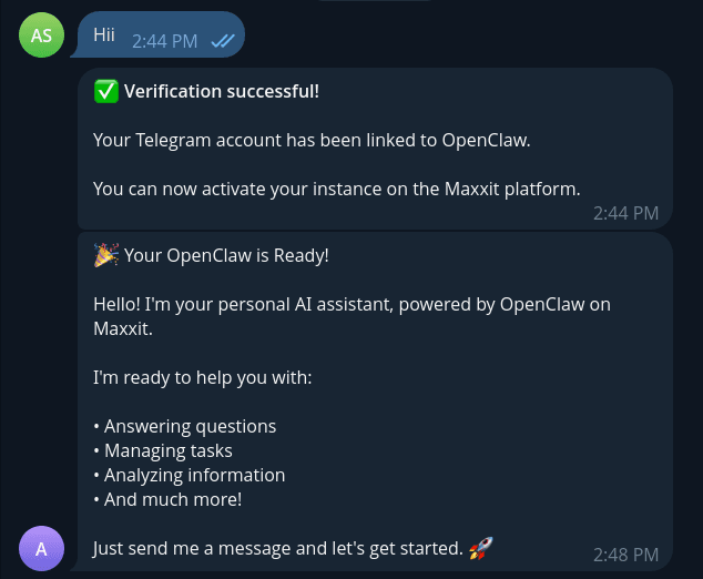 OpenClaw welcome message on Telegram